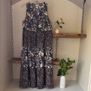 Entro Boho Sleeveless Midi Sundress, Navy and Cream, size S